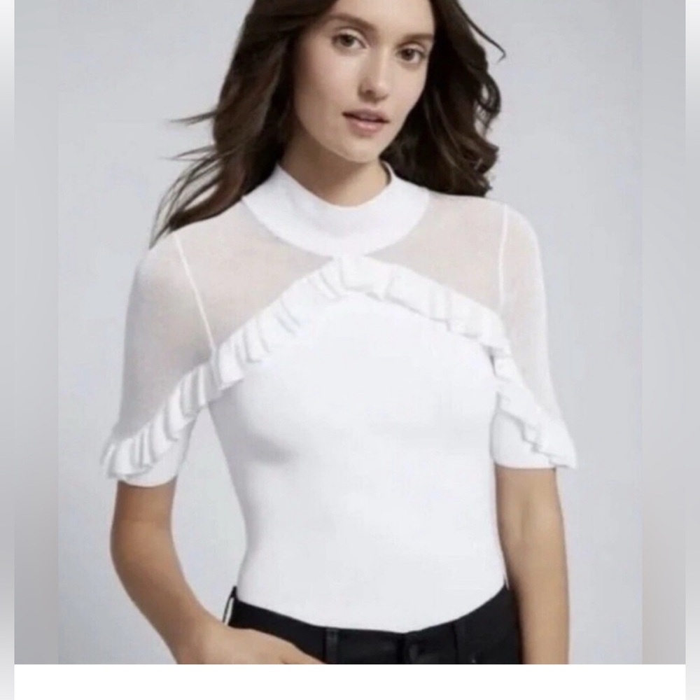 Alice + Olivia White Sheer Ruffle Yoke Top